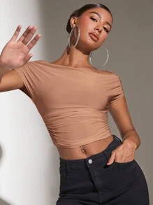 SHEIN BAE Áo croptop nữ màu trơn trễ vai xếp ly - Màu Khaki - Xem 5