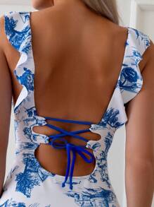 SHEIN Swim Blue & White Printed Strappy Backless One-Piece Swimsuit With Ruffle Trim - Multicolor - View 4