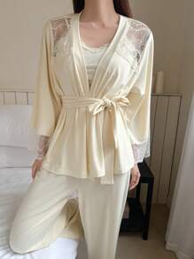 DAZY 3pcs Lace Patchwork Sheer Shoulder Sleepwear Set Pajama - Beige - View 6