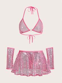 Contrast Sequin Ring Linked Lingerie Set With 1pair Oversleeves & Skirt - Pink - View 2