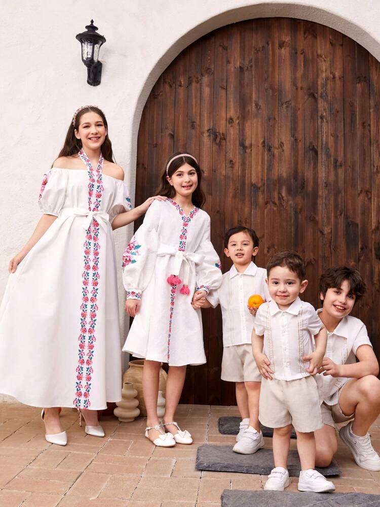 Young Boy 1set Casual Geometric Pattern Turn-Down Collar Short Sleeve Woven Shirt And Shorts Suit