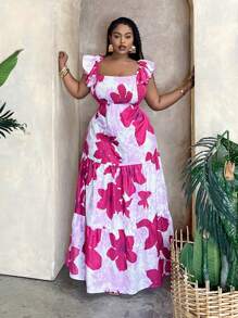 Slaydiva Váy dài in hoa dáng rộng thoải mái cho kỳ nghỉ và giải trí mùa hè cỡ lớn - Màu Hồng Tươi - Xem 5