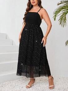 SHEIN Privé Kích thước lớn Thanh lịch & Thanh tú Lưới & Pha lê Khớp Của phụ nữ Dây đeo Đầm , Mùa hè , Lỏng lẻo phù hợp - màu đen - Xem 4