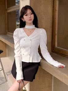 DAZY Women's Solid Color Double Breasted Bubble Sleeve T-Shirt - White - View 3