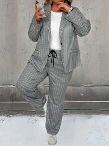 SHEIN LUNE Conjunto De Traje De Talla Grande De Mujer Con Cuello De Solapa A Cuadros Y Un Botón - Multicolor - Ver 1