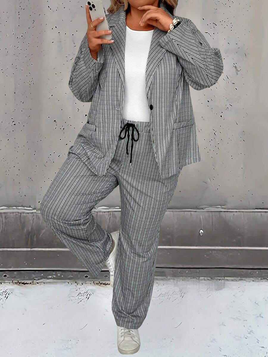 SHEIN LUNE Conjunto De Traje De Talla Grande De Mujer Con Cuello De Solapa A Cuadros Y Un Botón - Multicolor - Ver 1