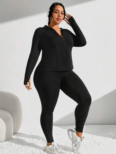 SHEIN Rhythm Era Plus Size Zip Up Thumb Holes Sports Jacket & Holes Sports Jacket & Leggings Fit Set Workout Women Set