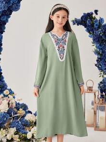 SHEIN 適合青少女的優雅刺繡連衣裙 - 綠色 - 查看 4