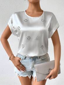 Chiquease Pha lê Trang trí Vòng cổ tay cánh Áo sơ mi - trắng - Xem 3