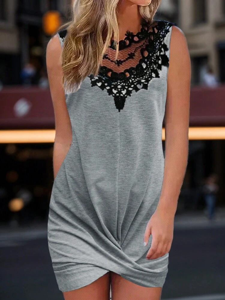 Colorblock Embroidered Mesh Panel Twist Knot Front Dress