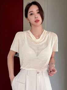 DAZY Sheer Mesh Draped Neck One Shoulder Short Sleeve Top - Apricot - View 6