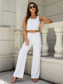 Của phụ nữ Màu thuần Chân thẳng Quần Utility - trắng - Xem 5