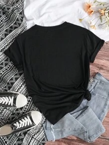 INAWLY Heart Print Round Neck Short Sleeve T-Shirt Graphic Tees Women Tops