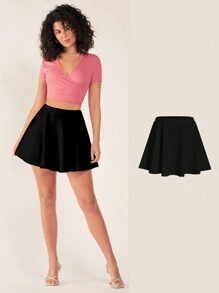 SHEIN BASICS Falda Acampanada De Color Sólido Para Mujer - Negro - Ver 5