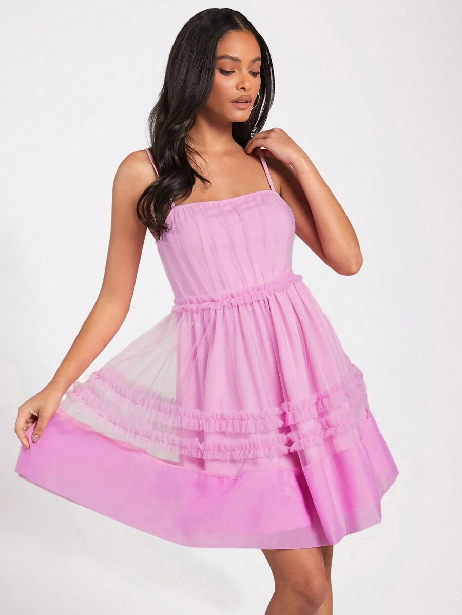 Forever 21 Của phụ nữ Ren mỏng Không tay Dây đeo Mì Ý  Nhiều lớp Phân cấp Đầm Mini - Hồng - Xem 1