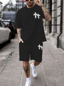 Manfinity LEGND Conjunto De Camiseta De Manga Corta Y Pantalones Cortos Con Estampado De Cruz Para Hombre
