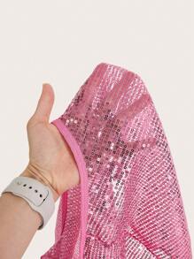 Contrast Sequin Ring Linked Lingerie Set With 1pair Oversleeves & Skirt - Pink - View 6