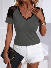 SHEIN LUNE Women's V-Neck Lace Patchwork Short Sleeve T-Shirt With Shoulder Insert Graphic Tees Women Tops - Dark Grey - View 4