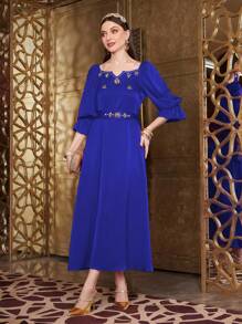 Modelyn Casual Dress With Rhinestone Decoration, Notched Lapel And Drawstring Waist - Blue - View 7