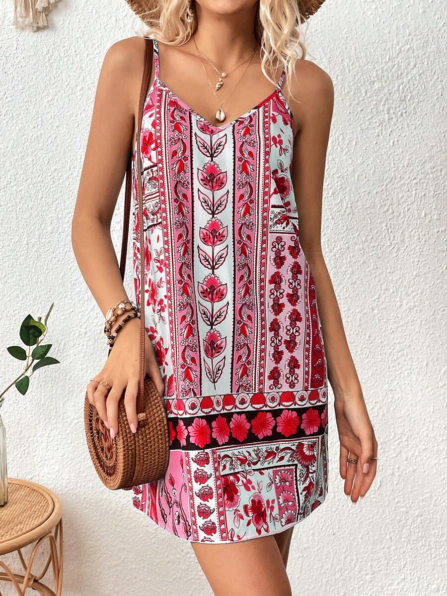 SHEIN VCAY 女式v領休閒纖細肩帶裙,植物印花設計 - 紅色 - 查看 1