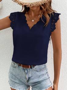 SHEIN VCAY Giải trí Áo sơ mi Với Ren Vá lại Và Hình quạt - Màu xanh hải quân - Xem 3