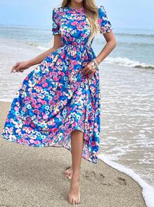Breezaya 女士花卉印花圆领短款泡泡袖连衣裙超长度假海滩装