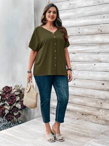 EMERY ROSE Plus Size Plain Batwing Sleeve Buttoned-Up Blouse - Army Green - View 6