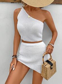 SHEIN VCAY Conjunto De Duas Peças De Suéter Assimétrico Monocromático Para Mulheres - Branco - Ver 1