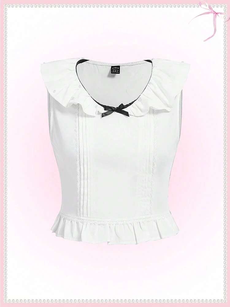 Kawaii Ballet Bow Lace Trim Beaded Flounce Collar Cute Summer Tops