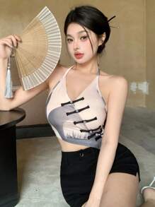 DAZY Áo croptop ôm dáng, cổ yếm, cài cúc bất đối xứng dành cho nữ. - Xám - Xem 3