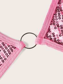 Contrast Sequin Ring Linked Lingerie Set With 1pair Oversleeves & Skirt - Pink - View 3