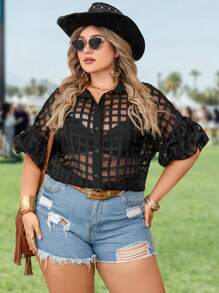 SHEIN LUNE Plus Size Grid Mesh Perspective Shirt - Black - View 6