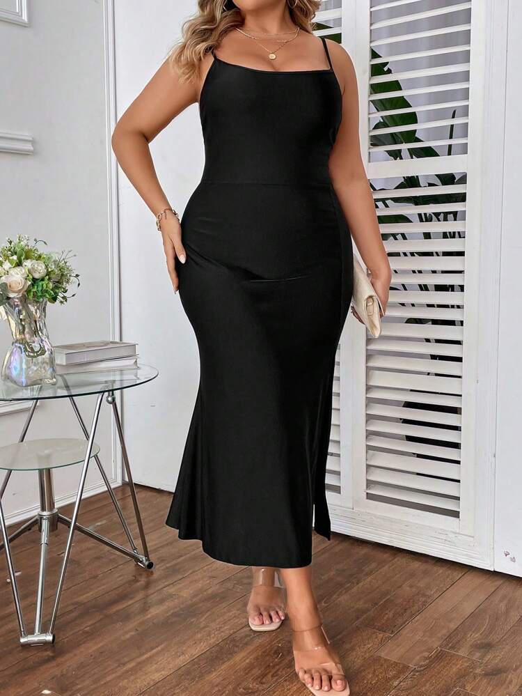 Plus Size Women's Solid Color Split Hem Cami Dress