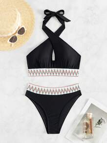 SHEIN Swim Set de bikini din două piese, cu bloc de culoare, cu model în zig-zag, decupaj în cruce, pentru plajă de vară