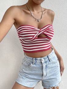 SHEIN LUNE Women's Striped Twisted Knot Cut Out Strapless Knitted Top - Multicolor - View 6