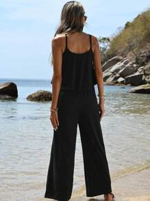 SHEIN VCAY 假期女士單色肩帶連身褲 - 黑色 - 查看 2