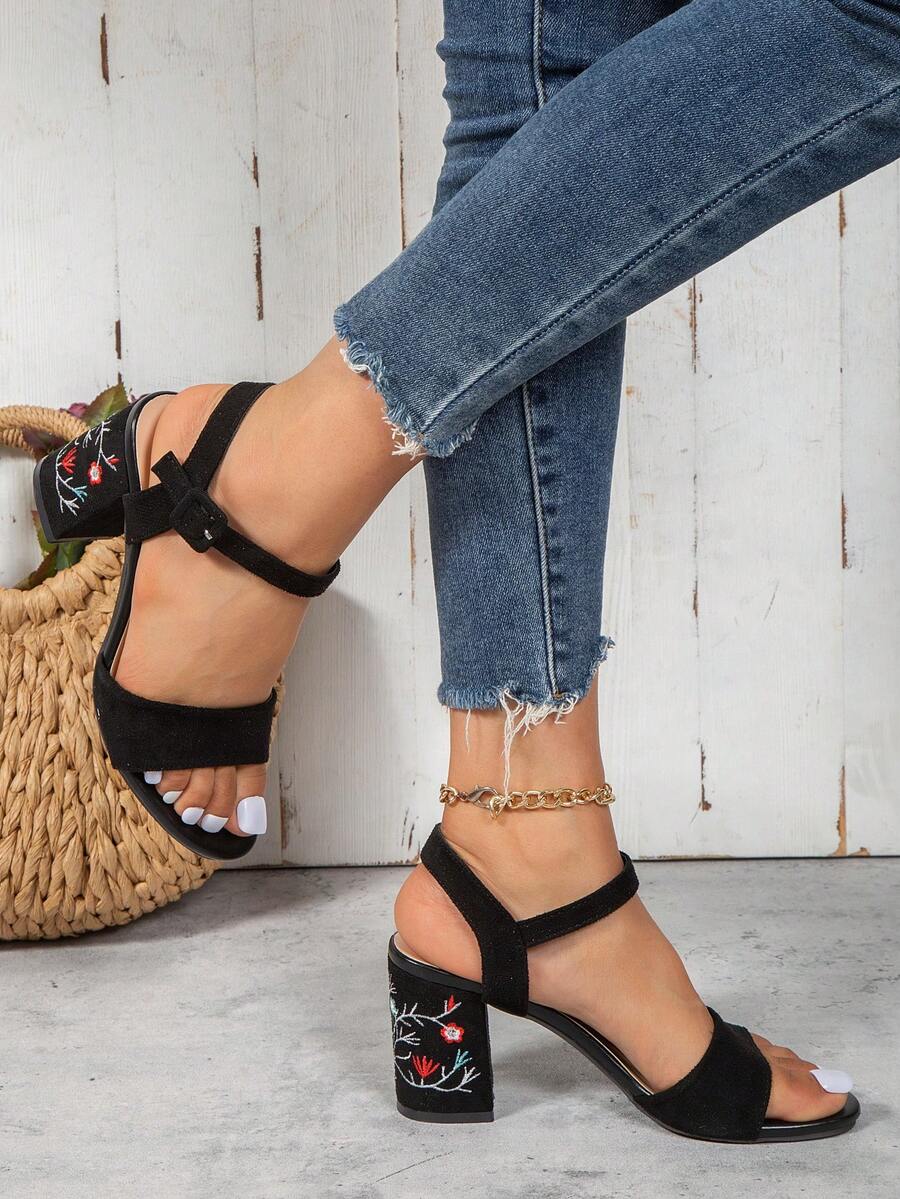 Của phụ nữ Thêu hoa Dày Giày cao gót Dép xăng đan , Đen Thanh lịch Faux Suede Dây đeo mắt cá chân Mùa hè Giày cao gót - màu đen - Xem 1