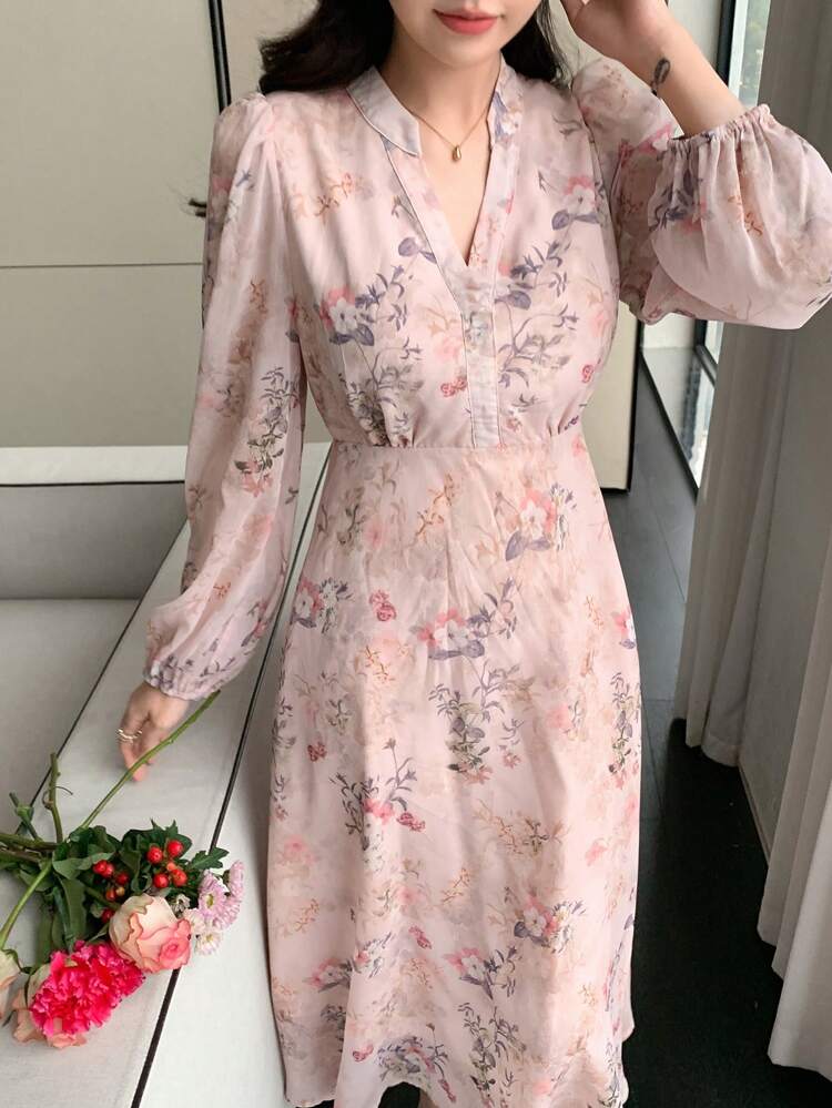 Vestido con estampado floral, cuello en V profundo, mangas farol, cintura imperio y abertura, vestido de otoño