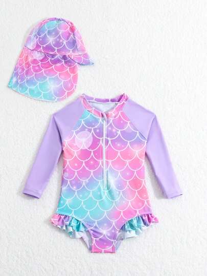 Baby Girl Fish Scale Print Long Sleeve One-Piece Swimsuit With Ruffle Edge And Hat, Bathing Suit Beach Outfit Summer Vacation