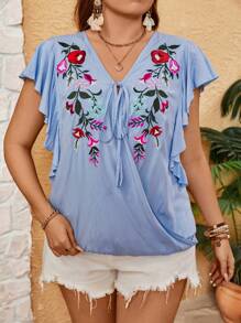 SHEIN VCAY Kích thước lớn Thêu hoa Tie Trước Xù Hoa Sen Áo sơ mi - Màu xanh lam - Xem 3