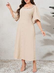 Mulvari Vestido De Tamaño Grande De Manga De Linterna De Color Sólido Con Botones Decorativos - Caqui - Ver 6
