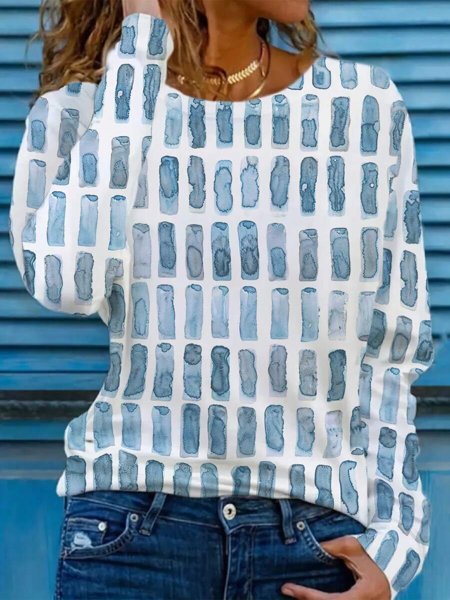 SHEIN LUNE 休閒圓領全印花長袖t恤 - 白色 - 查看 1