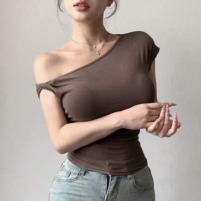 여성용 오프숄더 랩프런트 미니멀리스트 섹시 티셔츠