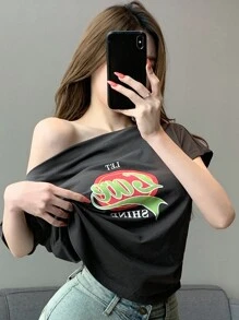 DAZY Asymmetrical Neck Letter Printed Pleated T-Shirt - Grey - View 5