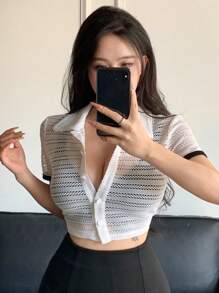 DAZY Women's Hollow Out Knitted Cropped T-Shirt Sheer - White - View 1