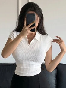 DAZY Women's Texture Slim Fit Polo Shirt With Collar - White - View 8