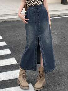 Dazy Designer Chân váy jeans ống rộng xẻ cao, xẻ tà, có túi xéo - Rửa tối - Xem 3