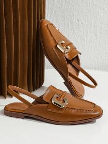 2025 Autumn Fashionable Flat Shoes For Women With Square Toe, Colorblock Design And Front Covered, Back Hollowed Out - Brown - View 4
