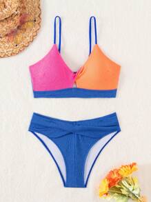 SHEIN Swim 拼色褶皺比基尼套裝,海灘穿搭泳裝夏天 - 彩色 - 查看 1