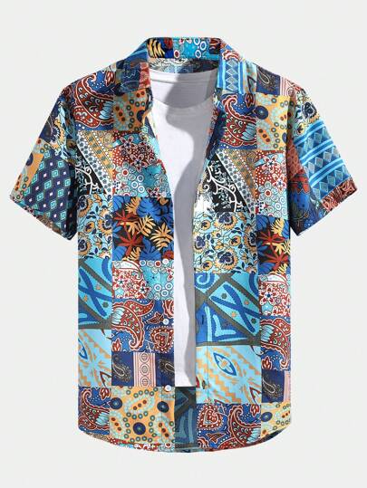 Street Life Camisa estampada de retazos para hombres, sin camiseta, escolar